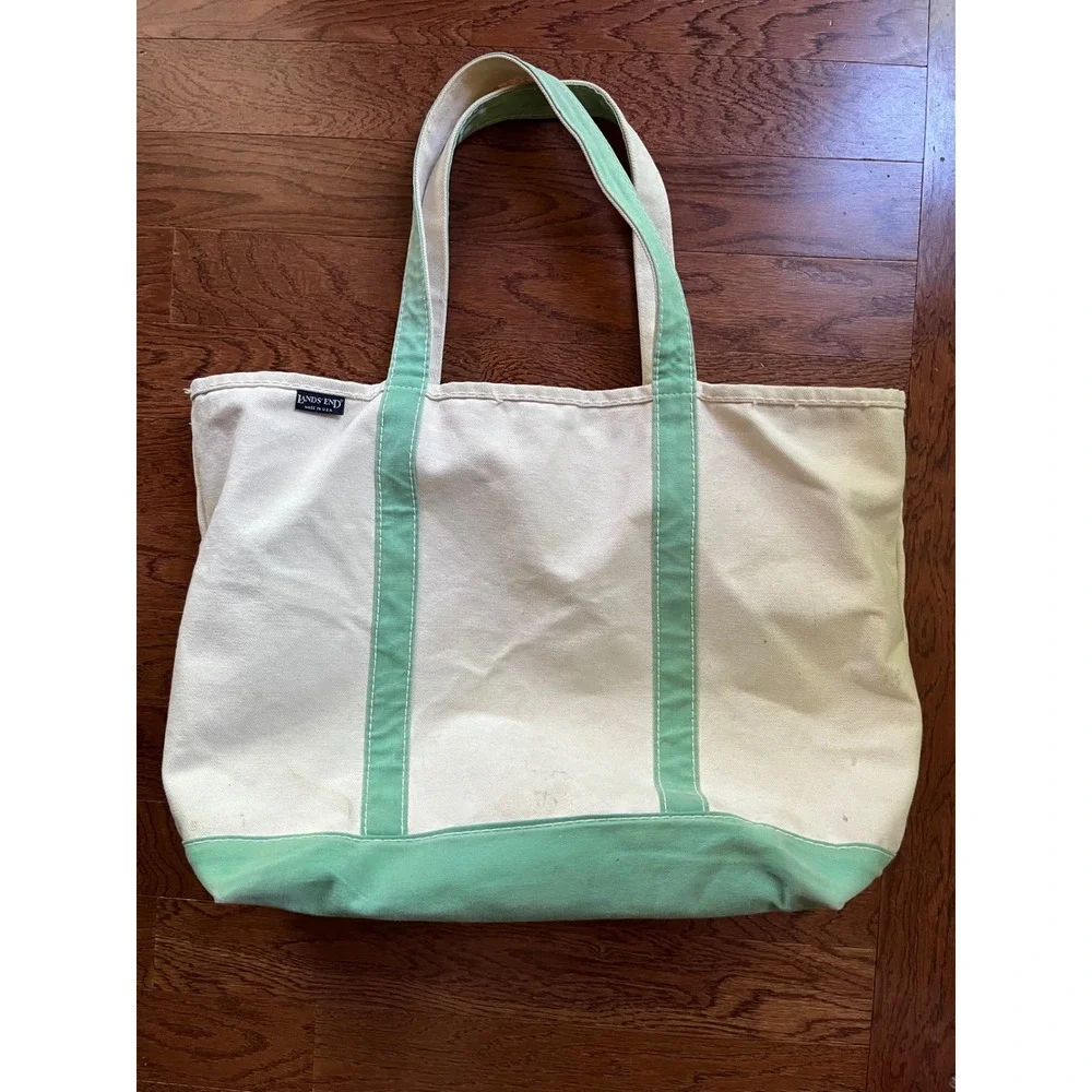 Vintage Lands End Canvas Tote Bag Zip Top Seafoam Green Made in USA Large 22